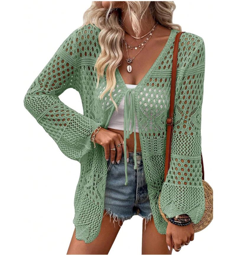 Women's Solid Color Hollow Out Tie Front Crochet Cardigan, Casual Long Sleeve Knitwear for Summer, Fashion Women's Knit Clothing for Daily Wear, Knitting, Summer Cardigan Women, Beach Cover Up, Lightweight Knit Top, Boho Crochet Sweater, Vacation Outfit