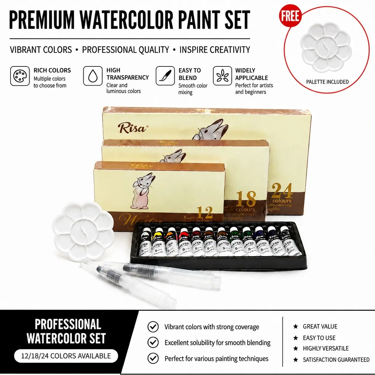 Art Creation Watercolor Paint Set, 12/18/24 Colors with Two Brushes and Palette, Ideal for Outdoor Sketching, DIY Art, Student Practice