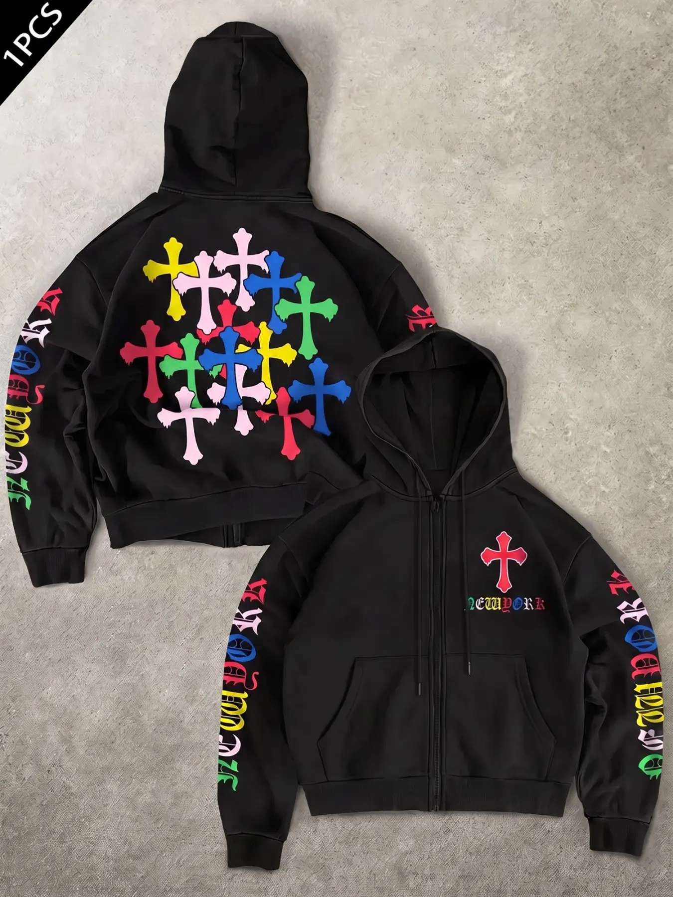 Men Black Zip Up Hooded Jacket, Front Red Cross Print & Colorful NEW YORK Letter Sleeves, Back Multi Color Dripping Cross Cluster Graphic, Cropped Loose Streetwear Zip Hoodie, Gothic Hip Hop Oversized Hooded Coat For Autumn Daily Outfits