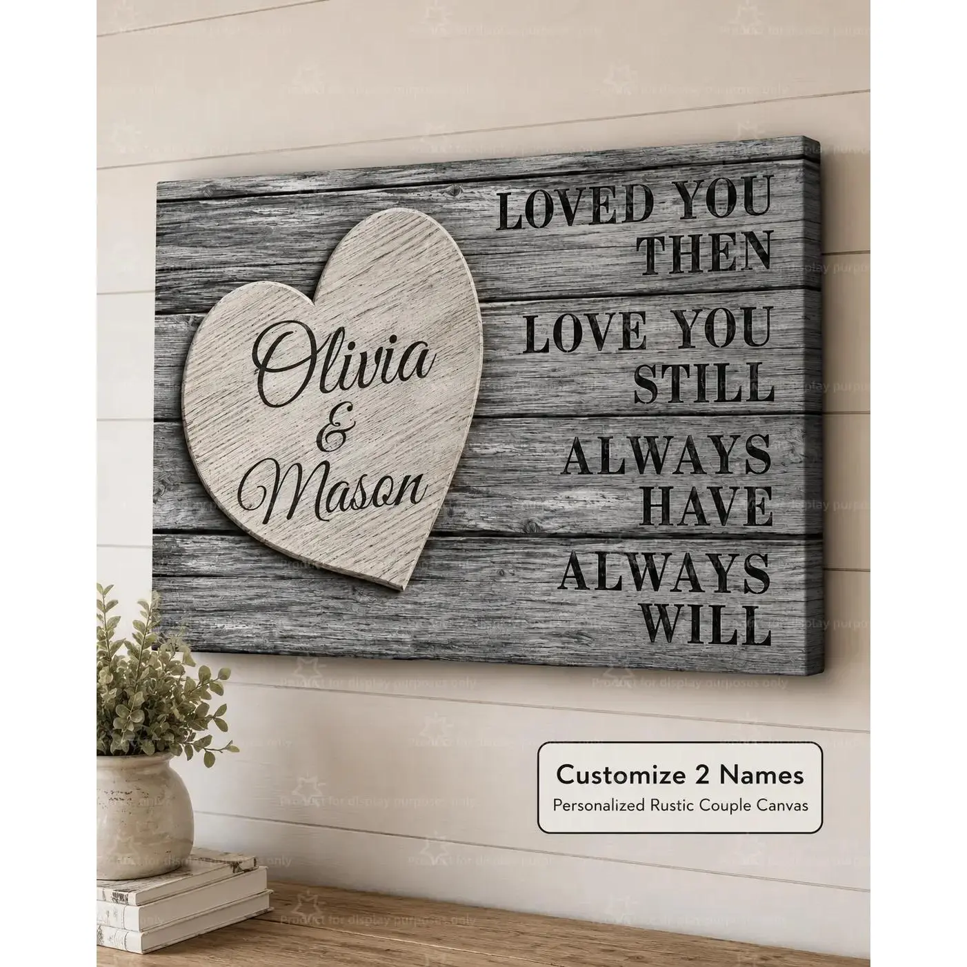 Custom Rustic Wood Heart Name Canvas Poster, Personalized 2 Names Love Quote Wall Art, Anniversary Gift, Bedroom Living Room Decor, Farmhouse Aesthetic Poster Print, Custom Canvas Wall Decor
