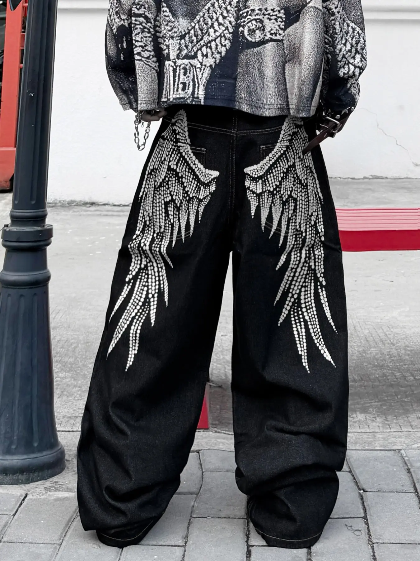 New Loose-Fit Jeans for Men, Trendy American Street Style, Art Print Wing Design, Y2K Hip-Hop Casual Long Pants, All Seasons