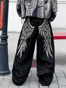 New Loose-Fit Jeans for Men, Trendy American Street Style, Art Print Wing Design, Y2K Hip-Hop Casual Long Pants, All Seasons