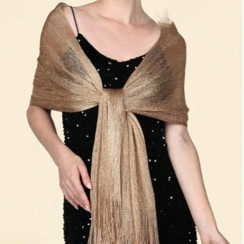 Glitter Metallic Yarn Solid Tone Women’s Shawl, Soft Lightweight Sheer Sun Protection Wrap Scarf, Elegant Formal Stole Compatible With Wedding Gown Evening Dress, Dual-Purpose Travel Luggage Decor Twilly Charm, Multi-Scenario Portable Decorative Outfit Ac