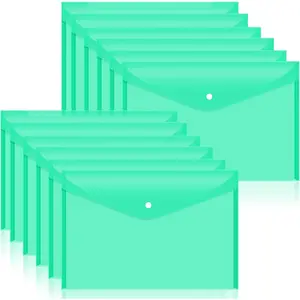 12pcs Plastic Filing Envelopes with Snap Button Closure Clear Document Folders for Letter A4 Size Files Poly Folders for School and Office Supplies Green