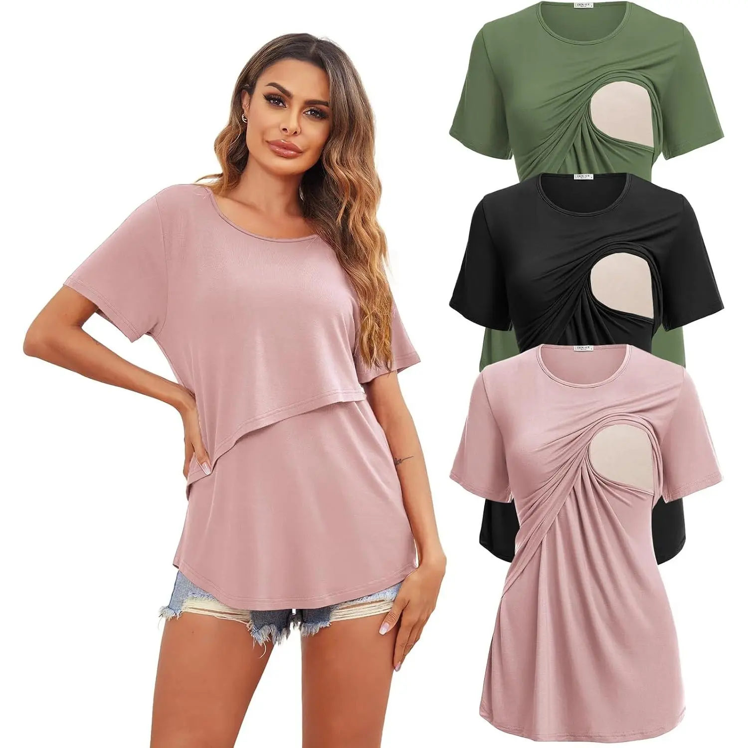 3 Pack Women Nursing Tops Short Sleeve Breastfeeding Shirts Maternity Tees |   Lightweight Pregnancy T-Shirts, Double Layer Nursing Design, Gift for Mom, Classic Round Neck Blouse, Mom Outfit Wear