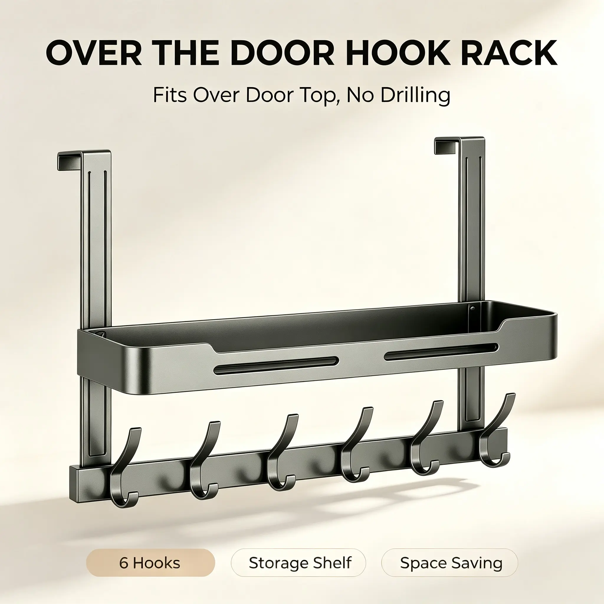 Aluminum Over-Door No-Drill Metal Hangable Storage Hook with Smooth Matte Basket Shelf - Over-the-Door Organizer Utility Racks, Hooks with Shelf Utility Racks for Bathroom, Bedroom Home Organization