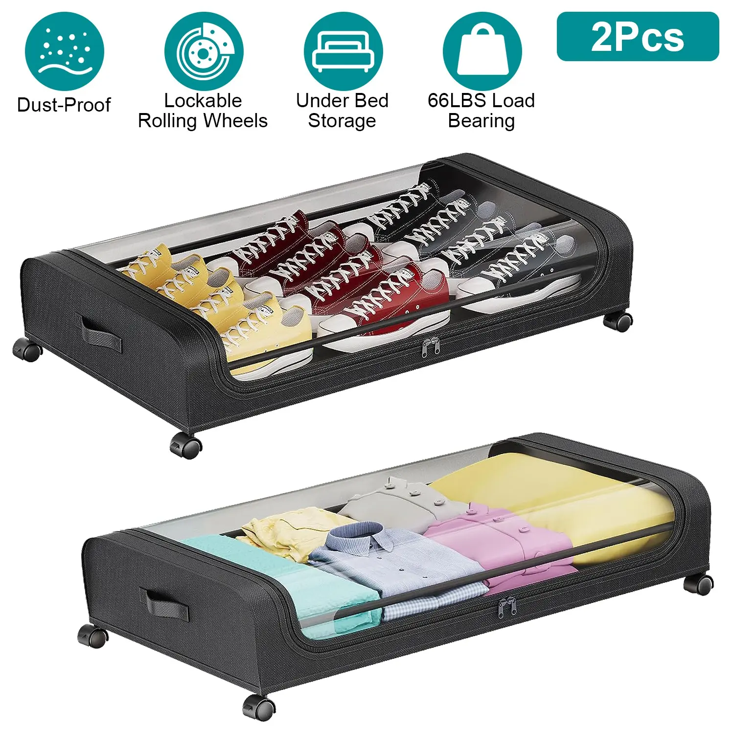 2-Pack Under Bed Storage Containers, Rolling Clothing Organizer with 42L/11Gal Clear Lid Drawers, 360° Lockable Rolling Wheels, Strap Handles for Indoor Recreation