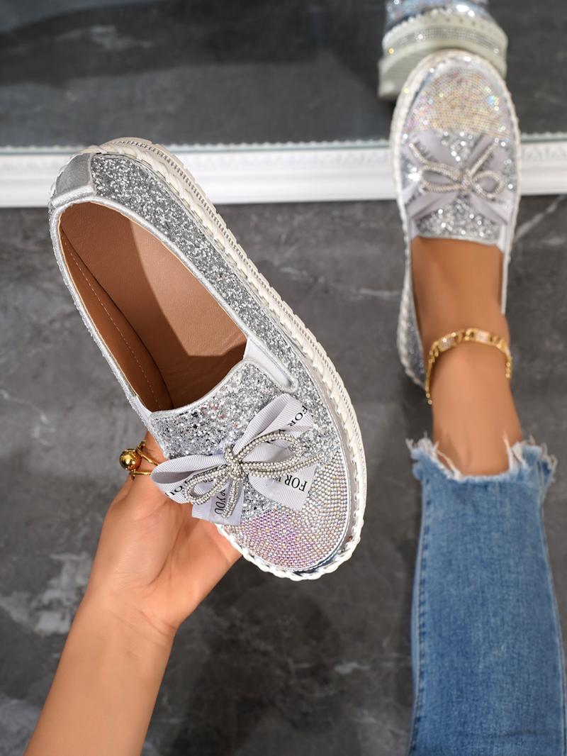 Women's Rhinestone Bow Decorated Slip on Loafers, Fashionable Glitter Design Loafers for Daily Wear, Casual Comfortable Shoes for Women & Girls