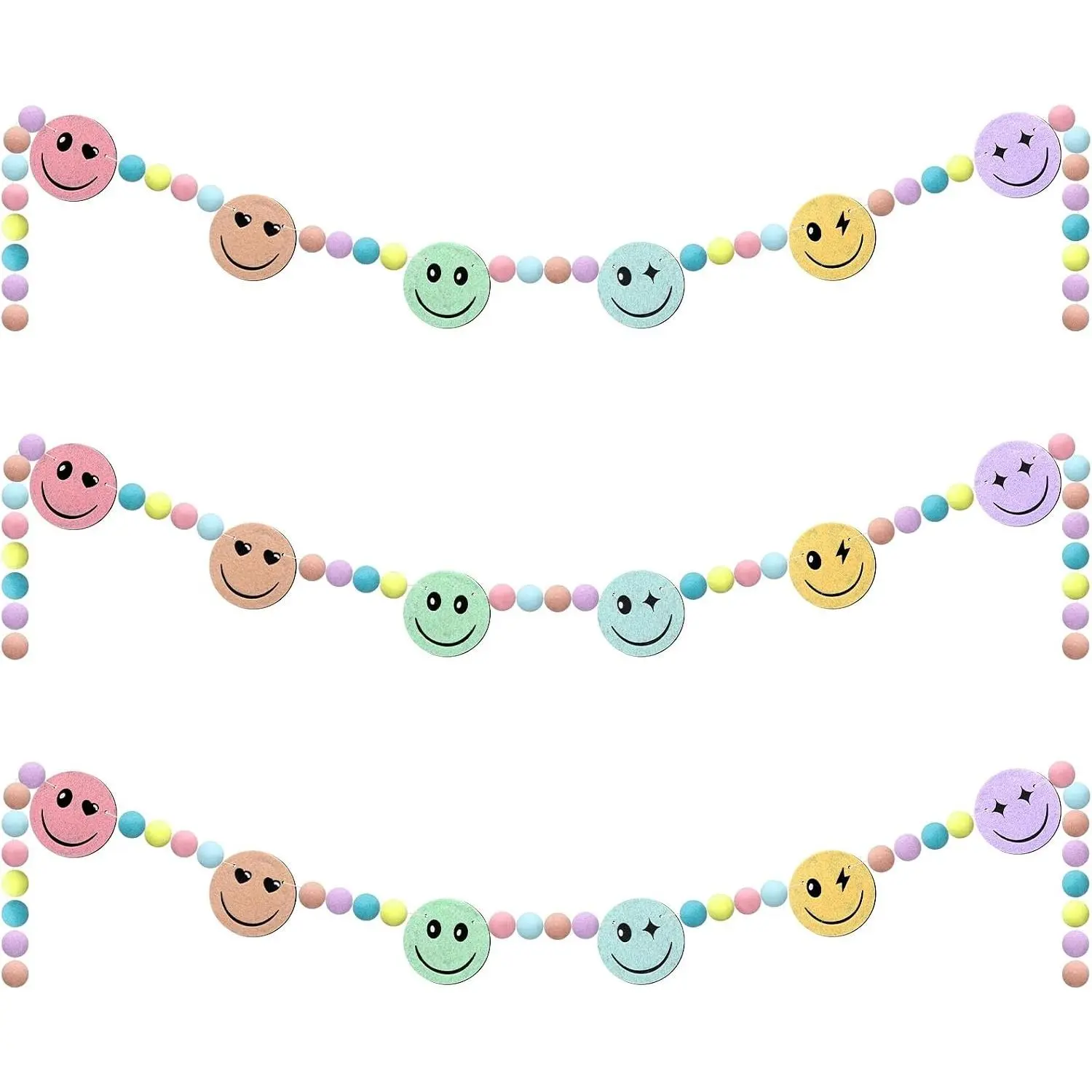3-Pcs Pastel Laugh Faces Cotton-Wool Felt Pom Pom Garland, Lightweight Handmade Hanging Props for Classroom Back to School First Day Ambience Decor