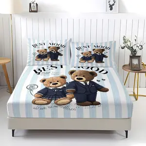 Cute doll teddy bear printed pattern bed sheet, including 1 bed sheet and 2 pillowcases, anti slip dust cover suitable for bedrooms and guest rooms, suitable for personal use or gift giving