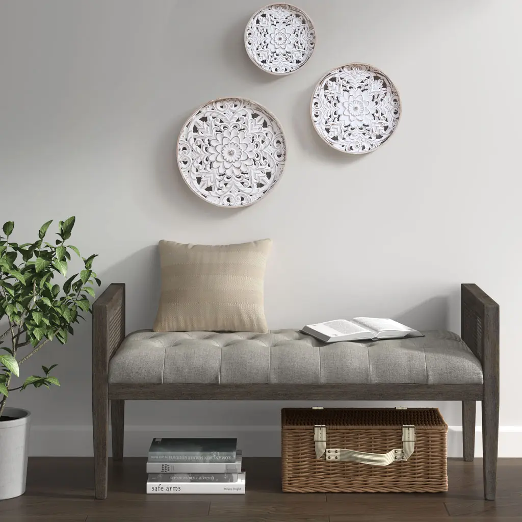 ARCH Distressed White Floral 3-Piece Carved Wood Wall Decor Set, Farmhouse Rustic Wall Art Panels, Vintage Shabby Chic Wooden Wall Hanging, Boho Country Home Accent, Living Room Bedroom Entryway Decorative Wall Decorations, 3 Pack