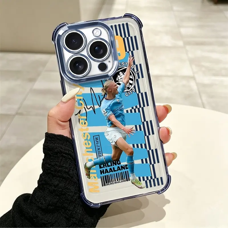 Blue Athlete Pattern Transparent Luxury iPhone Case - Shiny Chrome Frame, Raised Camera Protection, Built-in Shockproof Corner Pads, Anti-Yellowing, Anti-Fingerprint Mobile Phone Accessory, Compatible with iPhone 17/16/15/14 Pro Max