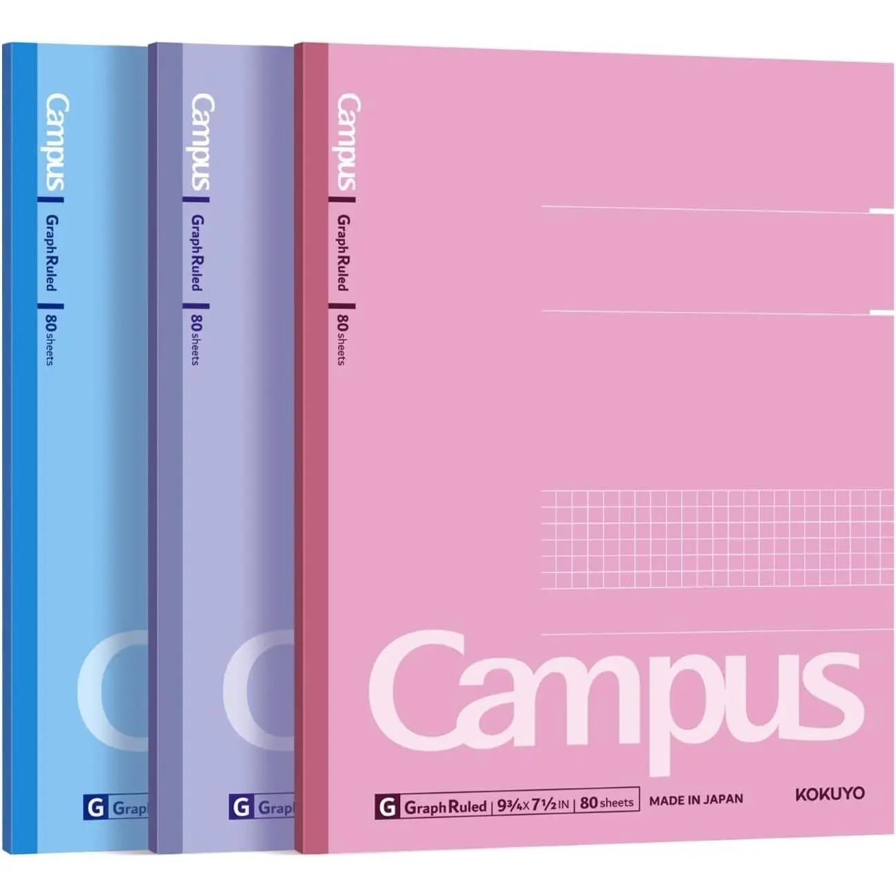 KOKUYO Composition Notebooks, 3 Pack Campus 9-3/4" x 7-1/2" Comp Book with Graph Paper 5x5, 80 Sheets, Pink Blue Lavender Journal Notebook for School Work Study Note Taking (WSG-NO-308CG3×3)