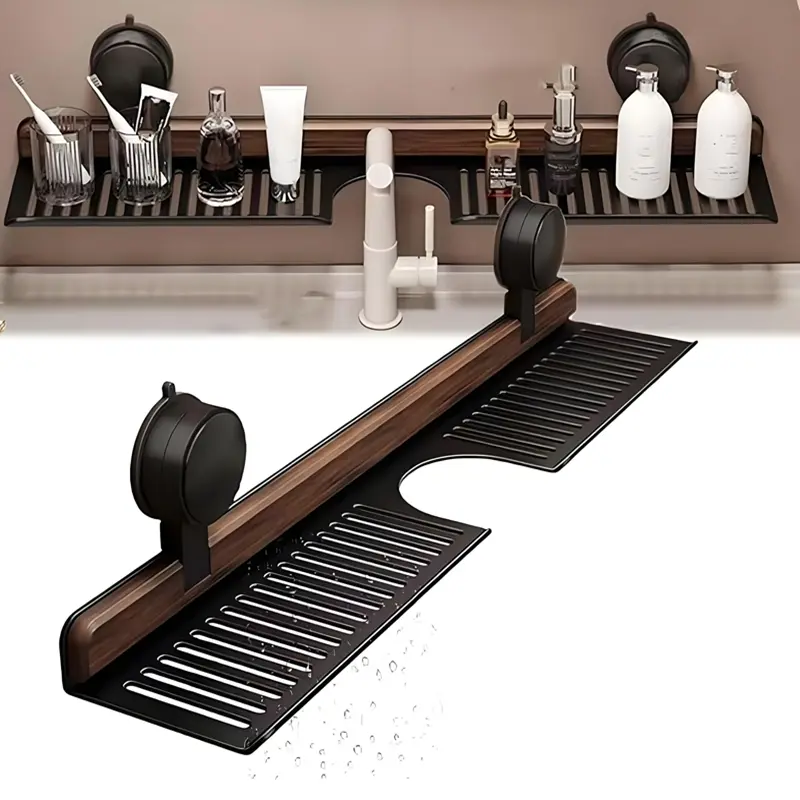 Walnut Suction Cup Bathroom Shelf, No-Drill Removable Bathroom Organizer Shelf for Sink and Vanity, Wall-Mounted Sink Suction Organizer Over The Faucet