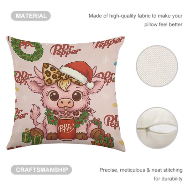Dr Pepper Pink Highland Cow Christmas Throw Pillow Cover Linen Material Single-sided Printing No Inserts Included for Home Couch Sofa Living Room 2025 Decor