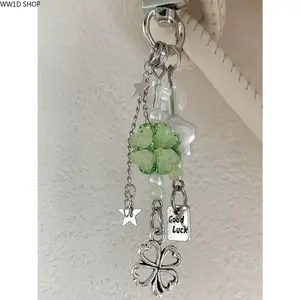Four-Leaf Clover Beaded Keychain, Lucky Phone Charm, Elegant Car Bag Pendant, Unisex Holiday Gift, Good Luck Symbol, Daily Wear Essential, Stylish Keychain