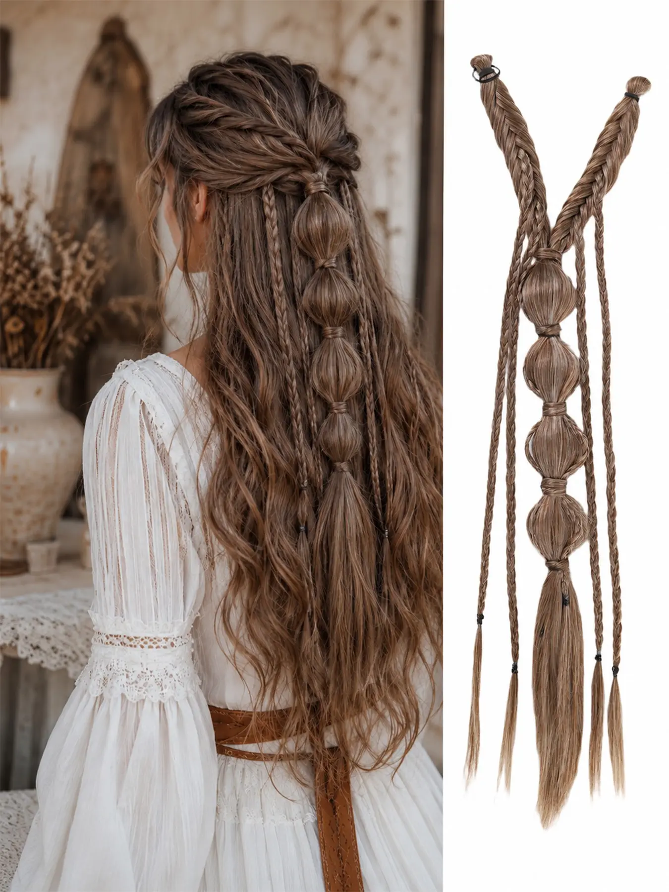 Y2K Style 24-Inch Bohemian Braided Ponytail Extension, Long Dark Brown Bubble Ponytail with Small Braid, Synthetic Wrap Ponytail, Synthetic Hair Pieces for Parties