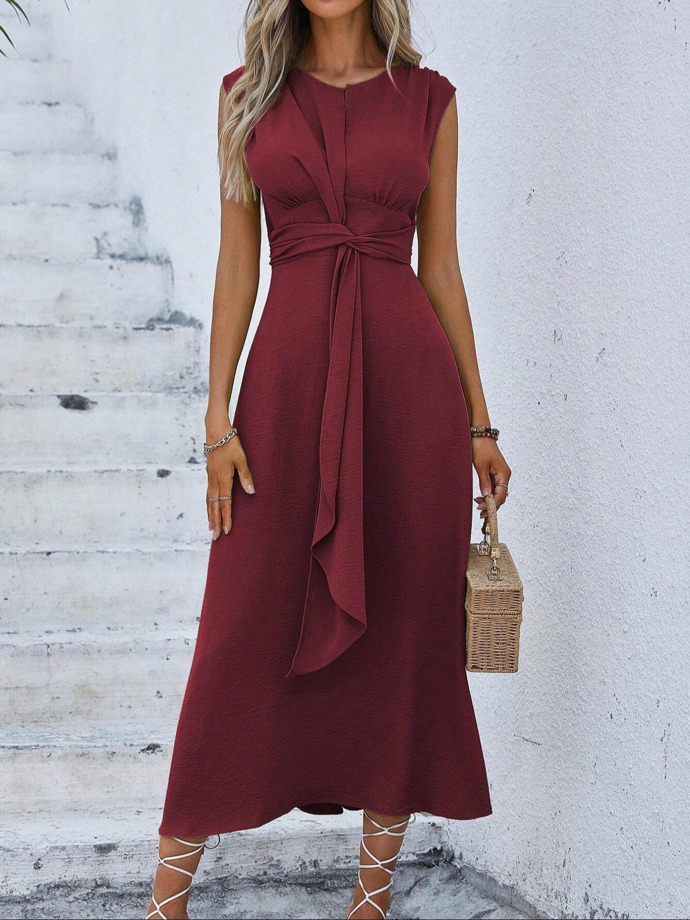 Women's Plain Twist Ribbon Tank Dress Sleeveless Round Neck Midi Dress Summer Minimalist Beach Holiday Dress for Women Ladies Summer Dresses