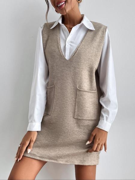 Women's V Neck Knit Vest Dress, Dual Pocket Design, Preppy Style or Light Vintage Look, Youthful Fashionable
