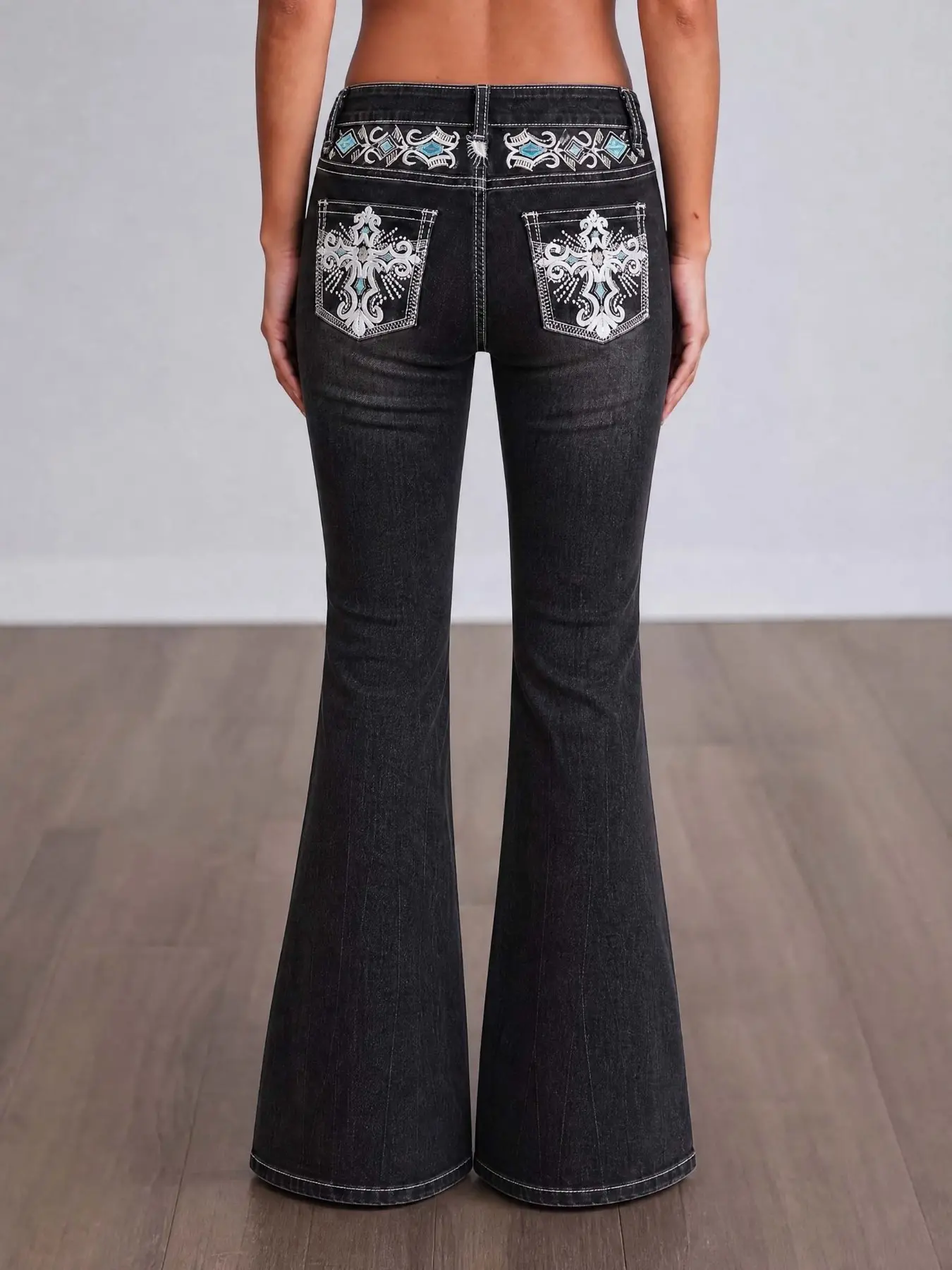 Vintage Y2K Distressed Punk Micro-Rise Fashion Denim Jeans, Waist-Baring Pocket Style, Cross Wing Embroidery, All Season Wear, Plain Surface, Unlined