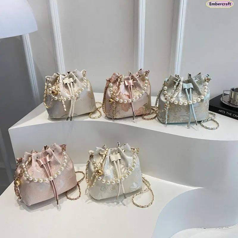 Pearl Bucket Bag for Women Chinese Inspired Crossbody Bag Large Capacity Drawstring Handbag Aesthetic Chic Shoulder Bag for Daily Travel Outfit,summervibes