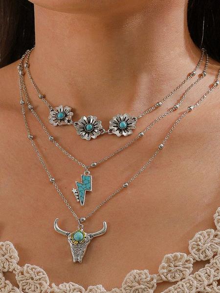 3 Pcs/set Women's Turquoise Western Cowboy Vintage Necklace Set, Multi-Element Pendant Jewelry Gift for Women & Girls, Party Style Accessories, Exquisite Jewelry Gift