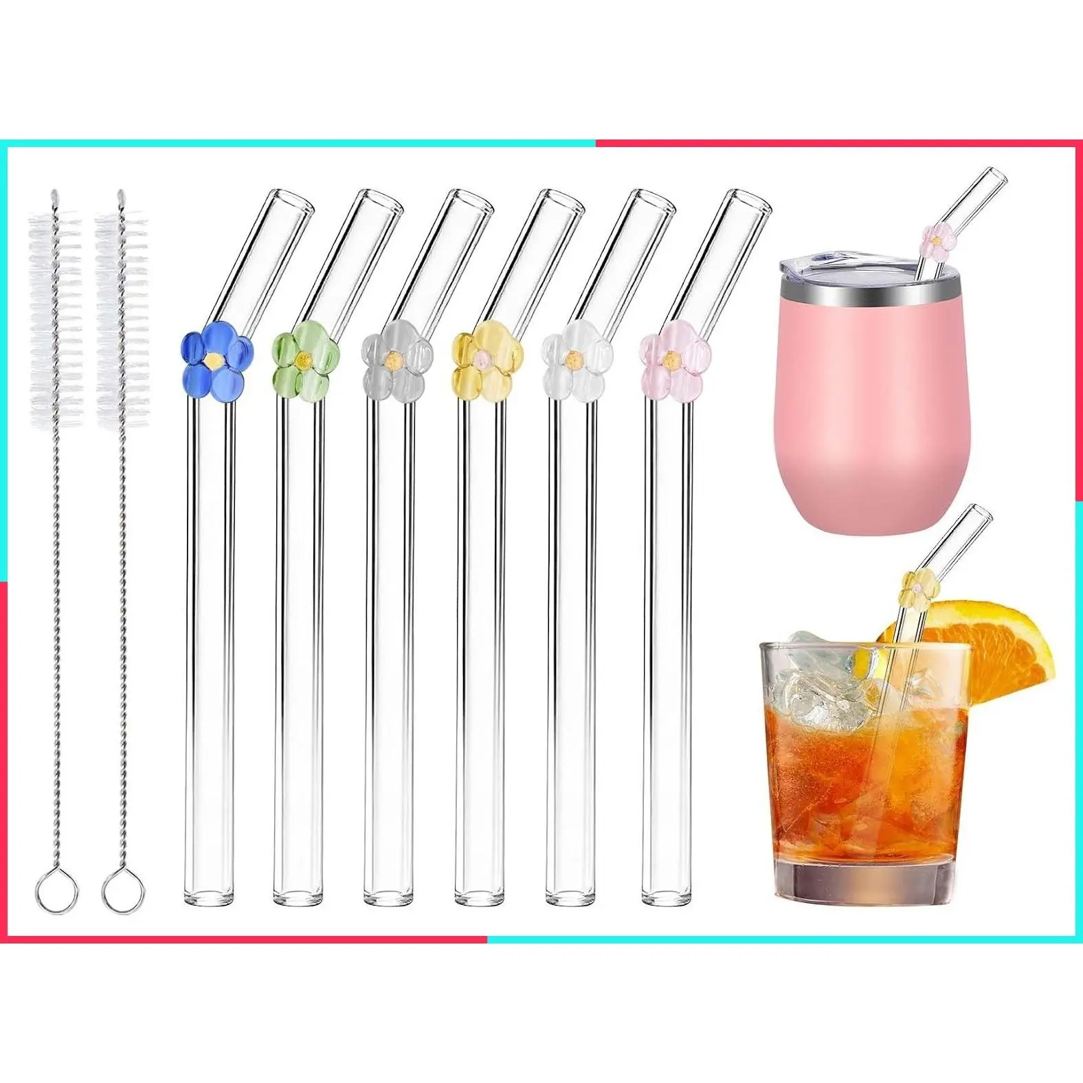6 Pcs Reusable Short Glass Straws with Flower Charms, Borosilicate Glass - Dishwasher Safe, Shatter Resistant, 6" x 10 mm for Coffee, Whiskey & Cocktails