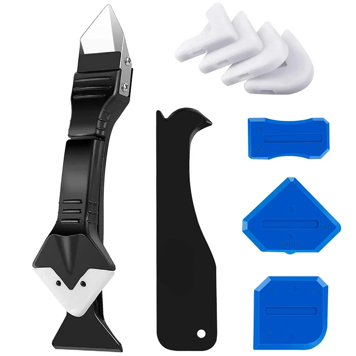 Caulking Tool Kit, 3in1 Caulk&Grout Remover Tool | 4 count Glass Glue Angle Scraper Include, Sealant Finishing Tool for Bathroom, Kitchen, Floor, Window, Sink Joint