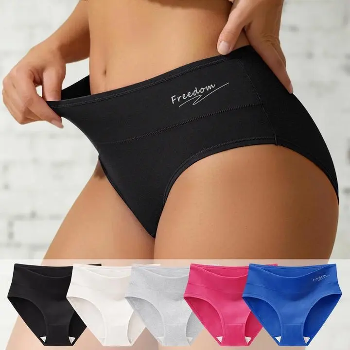 QUASTI 5‑Pack Women's High‑Waisted Cotton Briefs, Soft Stretch Ladies Underwear with Freedom Letter Print, Full‑Coverage Solid Color Panties for Everyday Wear