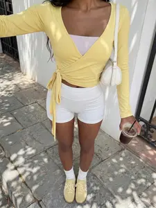 Viral TikTok Y2K Women’s Wrap Long Sleeve Top: Deep V Neck, Side Drawstring Tie, Slim Cropped Fit, Stretch Soft & Skin-Friendly; Perfect for Gym Workout, Daily Loungewear, Streetwear & Club Outfit, Figure-Hugging Trendy Layer Basic Blouse