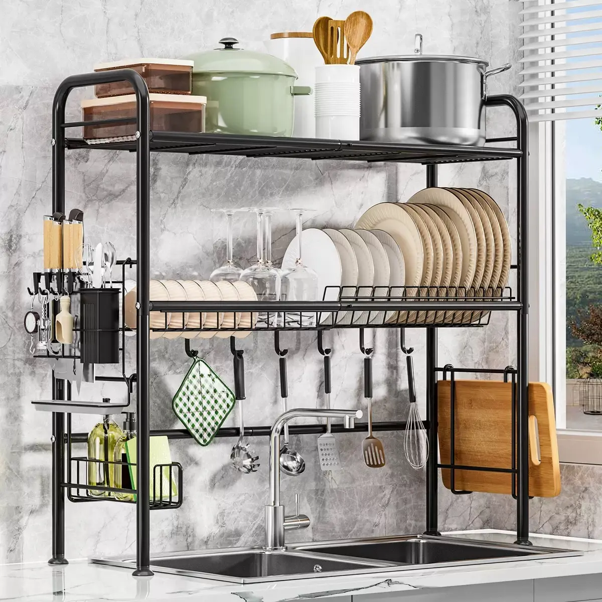 3-Tier Over The Sink Dish Drying Rack,Stainless Steel Dish Rack with Cutlery Holder & Chopping Board Rack, 33.5" x 10" x 31.9" for Maximum Kitchen Storage(Black)