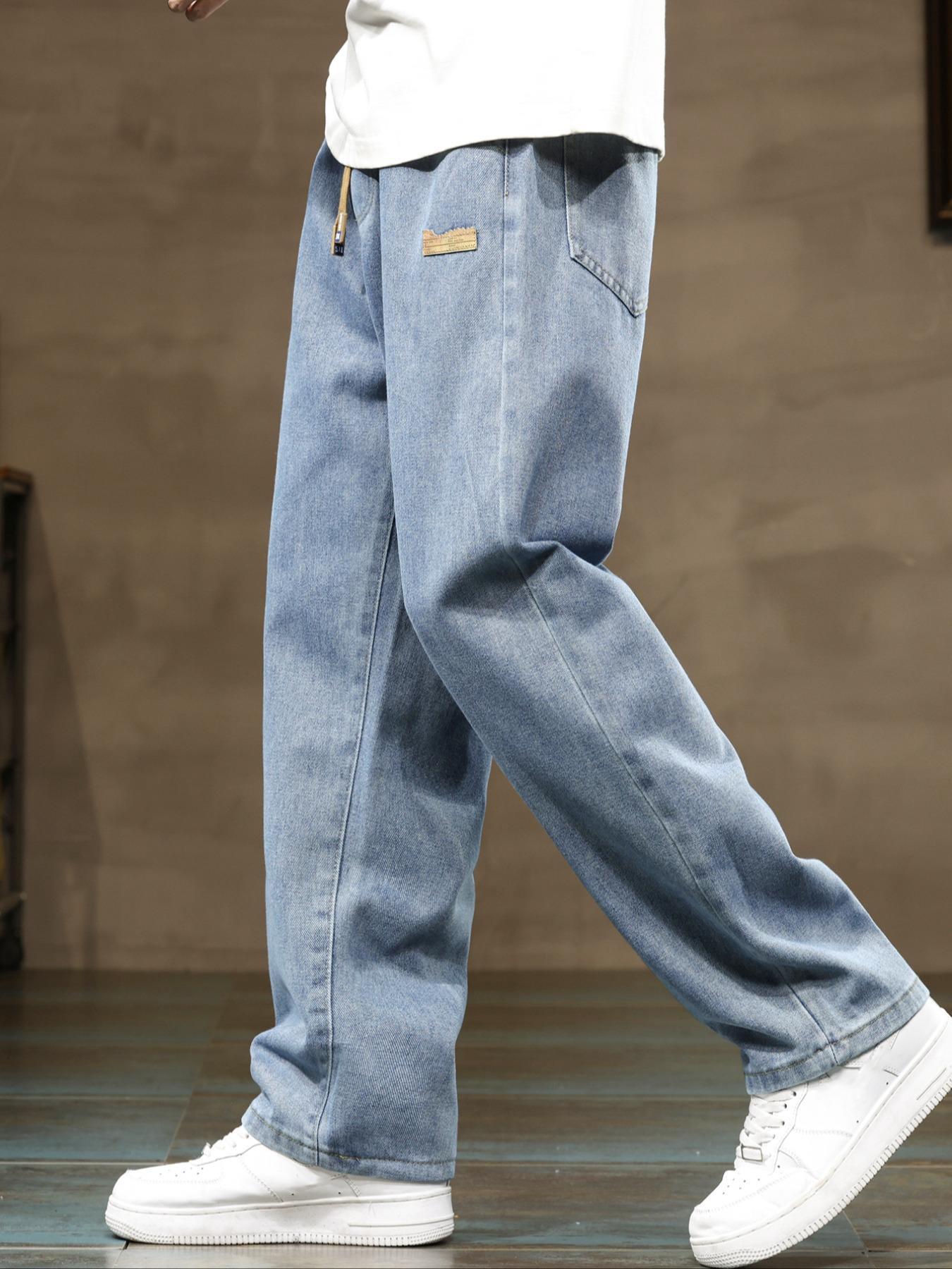 Men's drawstring elastic waist straight leg jeans, solid color casual versatile non stretch denim pants, fit straight leg version, suitable for all seasons