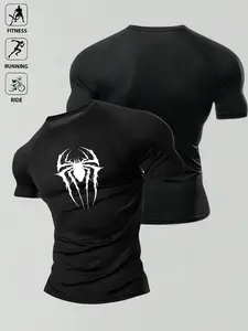 1pc Men's Muscle Fit Compression Shirt Black Spider Graphic Performance T-Shirt Short Sleeve High Stretch Athletic Wear Workout Top for Gym Bodybuilding Fitness Training Running  Gothic Urban Streetwear Tee.