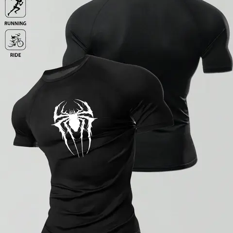 1pc Men's Muscle Fit Compression Shirt Black Spider Graphic Performance T-Shirt Short Sleeve High Stretch Athletic Wear Workout Top Workout Clothes for Gym Bodybuilding Training Running