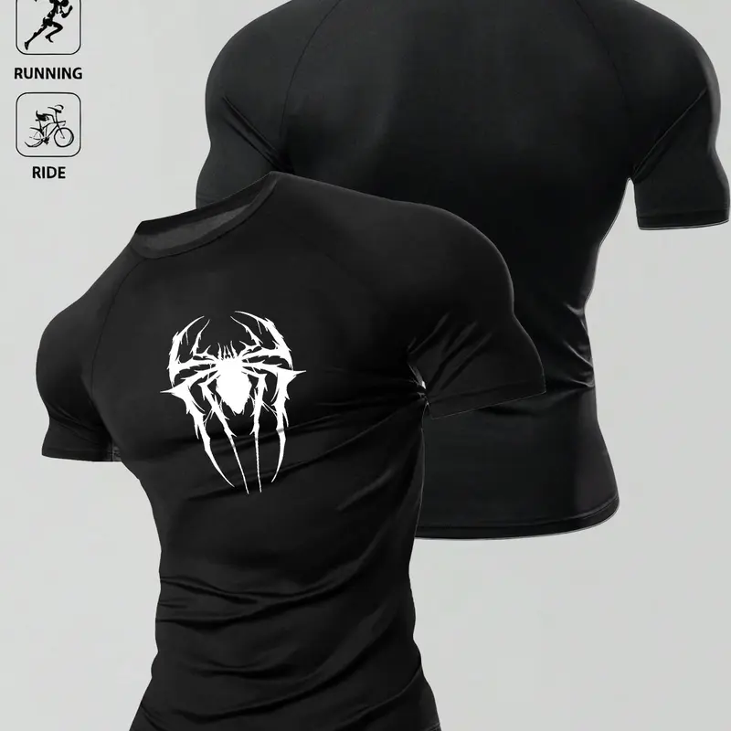 1pc Men's Muscle Fit Compression Shirt Black Spider Graphic Performance T-Shirt Short Sleeve High Stretch Athletic Wear Workout Top Workout Clothes for Gym Bodybuilding Training Running