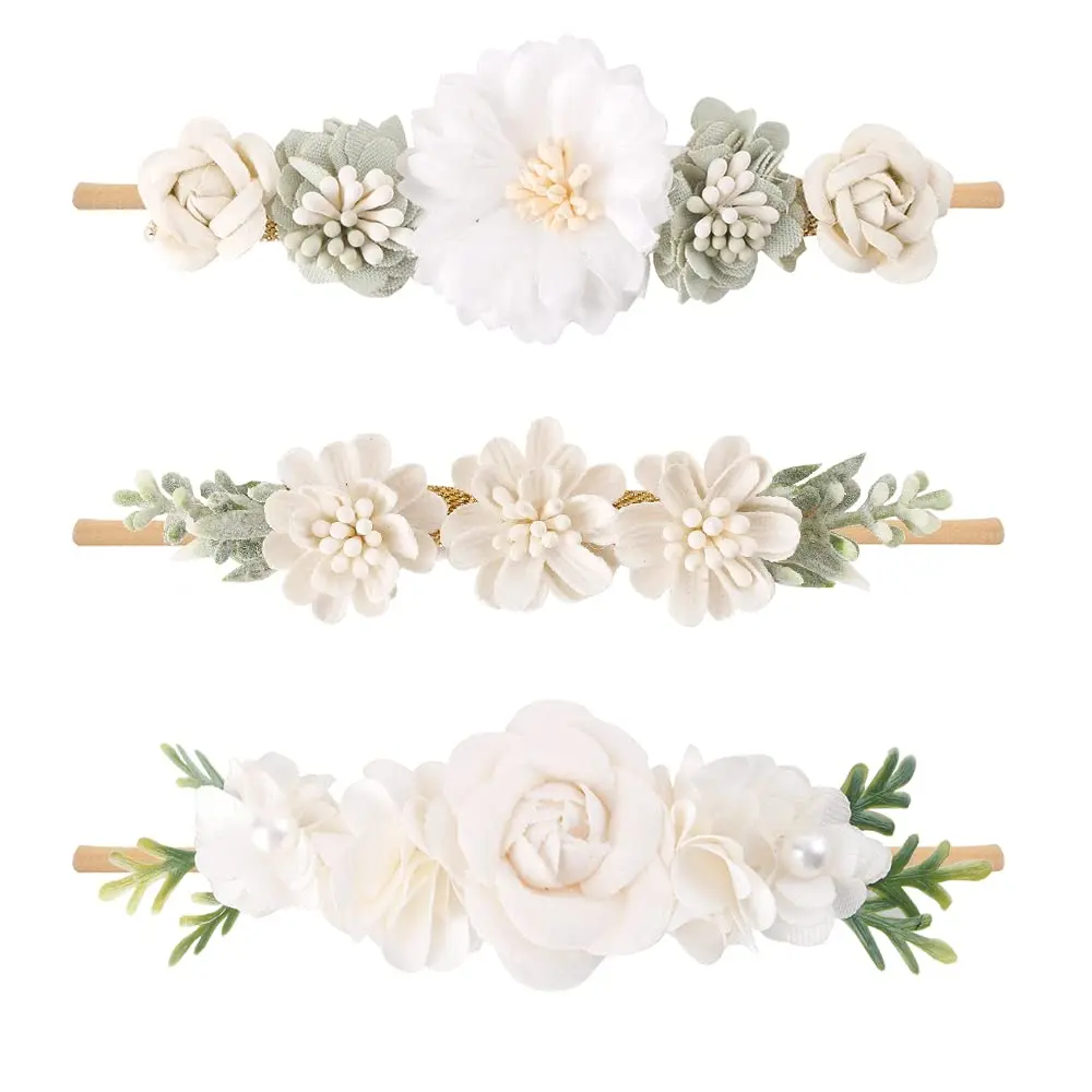 3pcs Baby Girl Flower Headbands - Super Soft Elastic Band Hair Accessories, 1 Size for 0-3 Months Newborns, All Seasons Stretchy Nylon Floral Hairpieces, Flowers