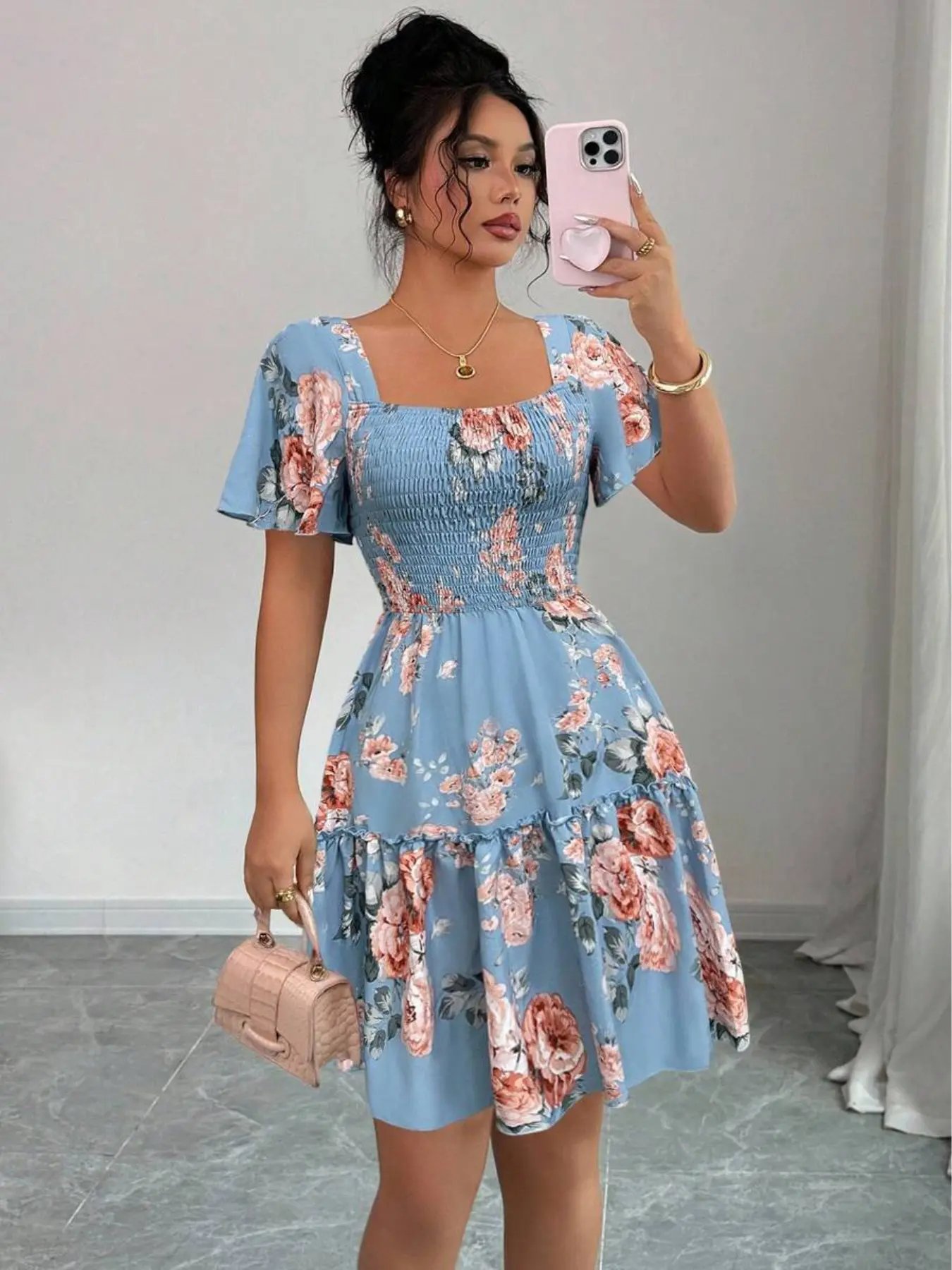 Women's Blue Floral Print Casual Dress, Ruffled Hem Short Sleeve Boho Resort Style Evening Gown, Tie Design Fitted Sexy, Boho Style Dresses, Boho Summer