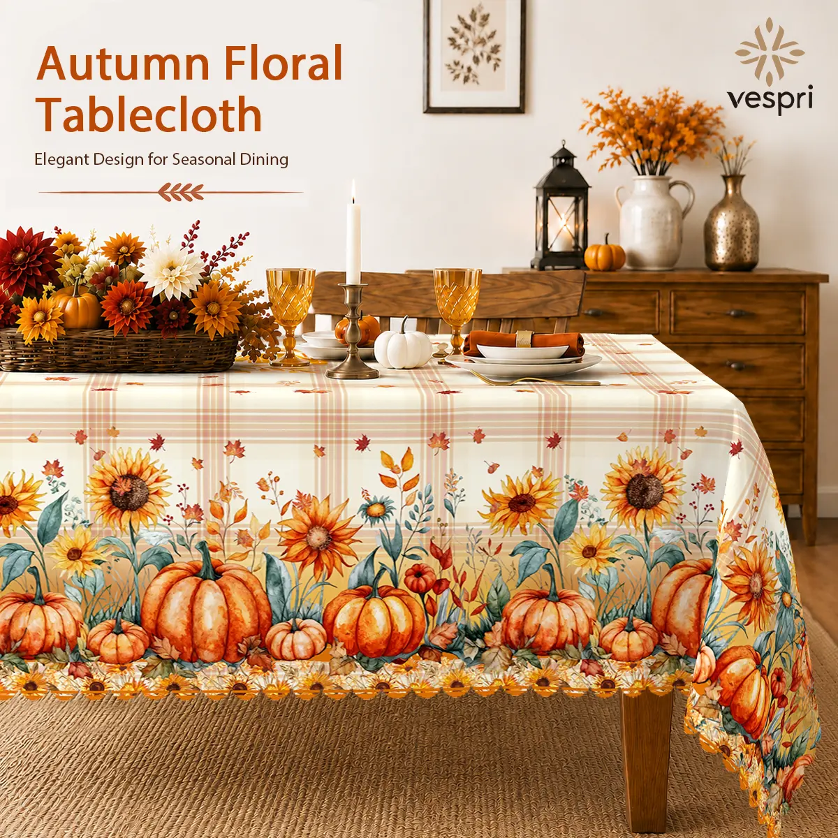 Polyester Autumn Pumpkin Tablecloth - Orange Pumpkins, Sunflowers, Fall Leaves, Plaid Accents - Machine Wash, Multi-Size, Table Protection, Clearance Sale for Fall, Thanksgiving Decor