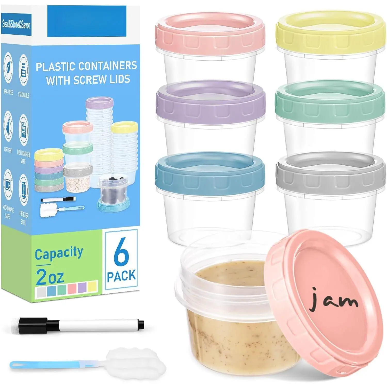 6 count 2 oz Plastic  Storage Containers with ,  Freezer Storage Containers, Small Meal Prep Containers with Pen and Brush, , Screw Top, Microwave & Dishwasher Safe