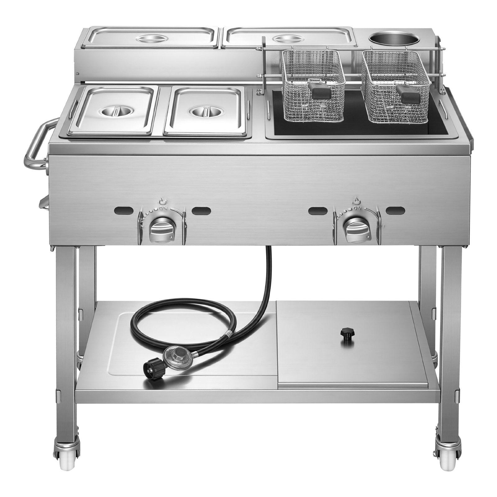VEVOR Outdoor Propane Deep Fryer, 2 Burners (11,600 BTU Each), Commercial Fryer with Two 1/3 Size Food Warming Pans, Multi-Purpose Frying Cart with 4 Lockable Wheels, for Fried Chicken & Fries