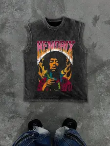 Men's Graphic Sleeveless Vest, Oversized Washed Look, Casual Fitted Streetwear, Rock Style, American Street Fashion