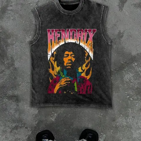 Men's Graphic Sleeveless Vest Tops, Oversized Washed Look, Casual Fitted Streetwear, Rock Style, American Street Fashion