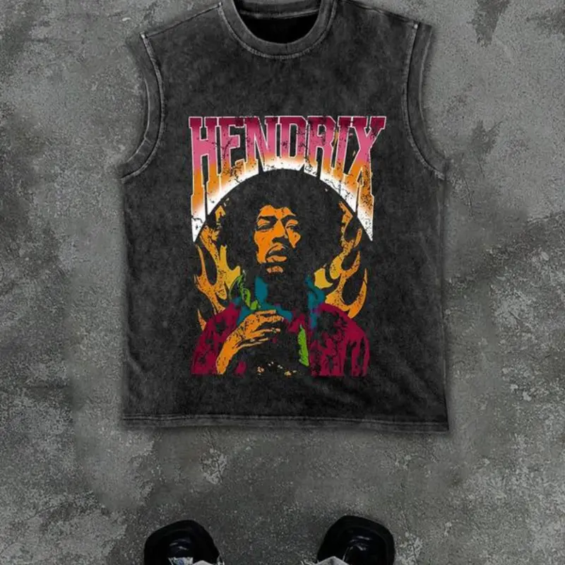 Men's Graphic Sleeveless Vest Tops, Oversized Washed Look, Casual Fitted Streetwear, Rock Style, American Street Fashion