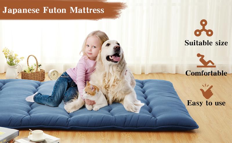 GARVEE Japanese Futon Mattress Twin Size, Tatami Floor Mat, Roll-Up Camping Mattress Pad in Wave Navy - Comfortable and Portable Sleeping Solution for Versatile Use