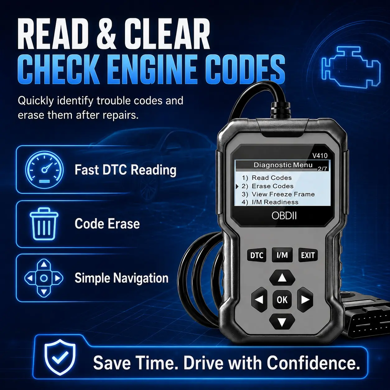 V410 Professional Obdii Diagnostic Scanner, Engine Fault Code Reader, Battery Voltage Tester, Automotive Scan Tool for Obd2 Vehicles