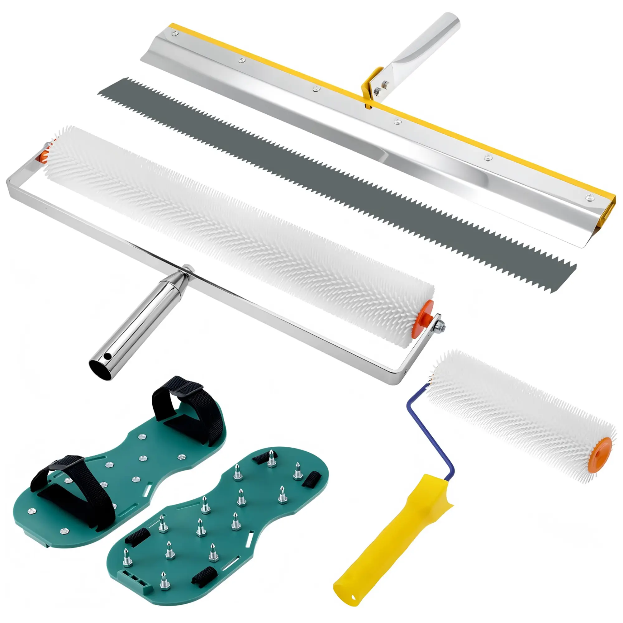 【IdealHouse】Concrete Finishing Tool Kit Pack for DIY Users, 3-in-1 Epoxy Floor Tool Set with Spiked Roller, Notched Squeegee, Spike Shoes, for Floor Leveling, Epoxy Coating