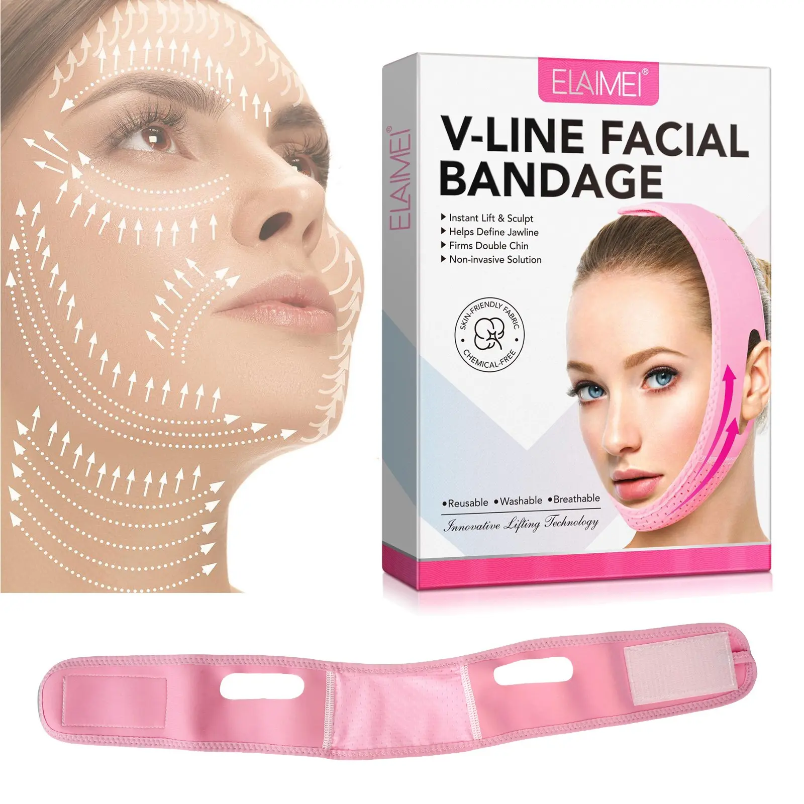 ELAIMEI Face Lifting Band, Face Lifting Strap, V-Shape Face Mask, Facial Shaping Tool, Jawline Shaper—use anytime to define your jawline and improve the contour of your neck, helping you maintain a V-shaped, slimmer face at all times. Reusable.