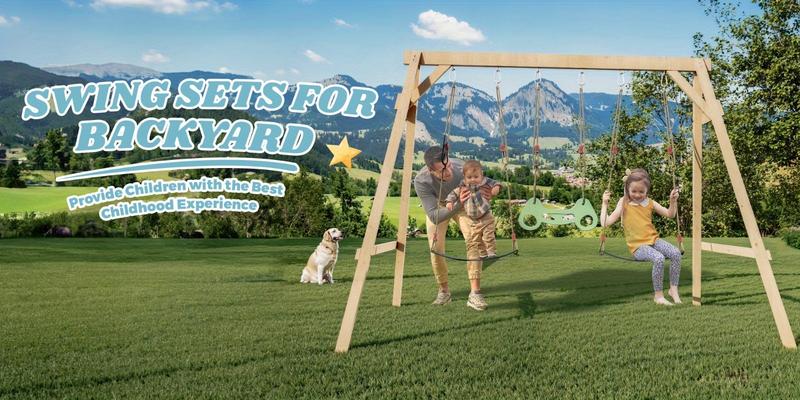 Backyard Wooden Swing Set - Includes 2 Belt Swings & Trapeze Bar, Outdoor Playset for Kids, Backyard Discovery Style