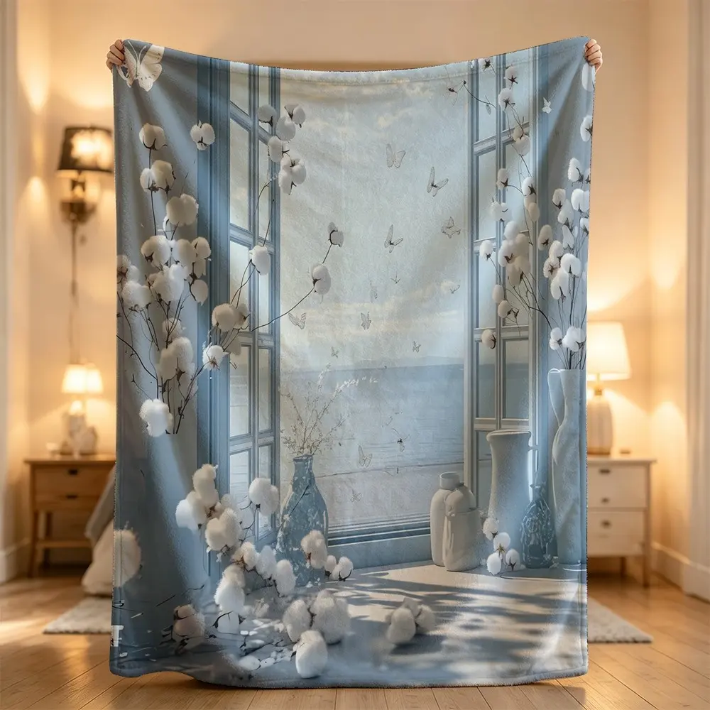 Cozy elegant floral scenic window butterflies vase branches Flannel blanket, sofa leisure blanket, bed blanket, Plush Throw Blanket,Cozy Soft Lightweight Blanket,Boho Decorative Throw Blanket