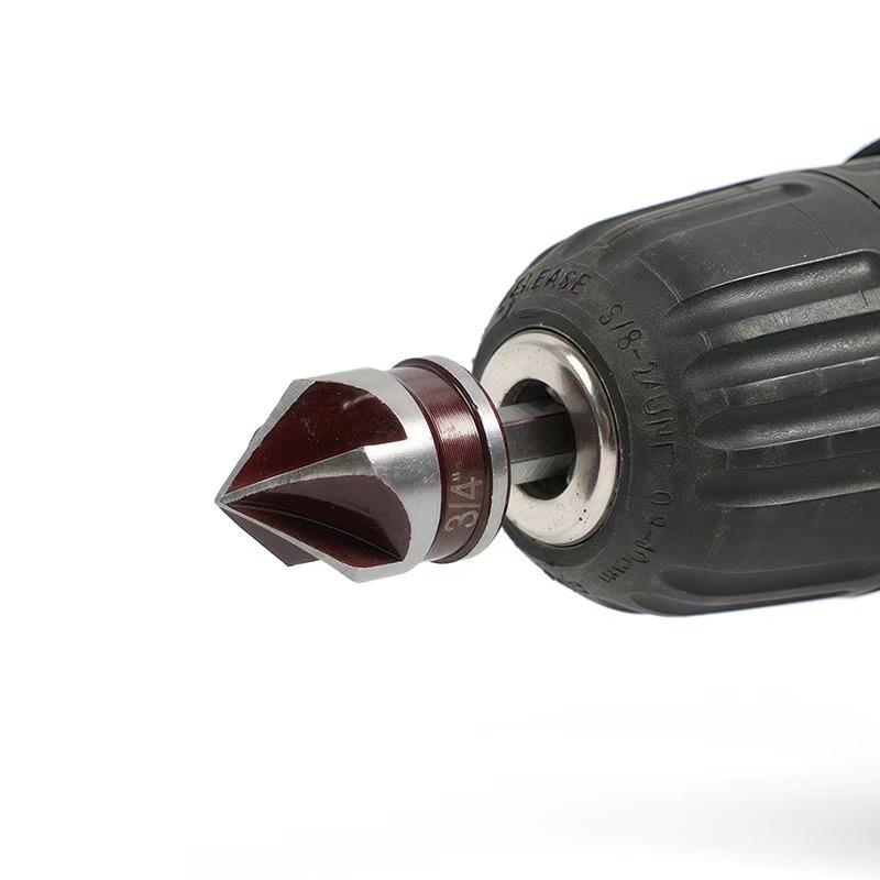 5-Piece Countersink Drill Set, Hex Shank Five-Flute Chamfering Tool, Hard Alloy, Titanium Coated, for Metal Wood Composite Material